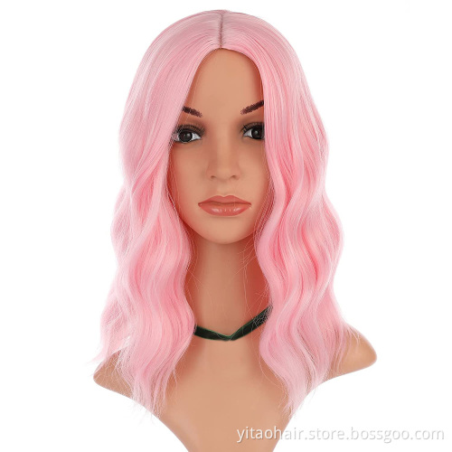 Pastel Wavy Wig Women's Short Bob Light Pink Wig Curly Wavy Shoulder Length Pastel Bob Synthetic Cosplay Wigs for Girl